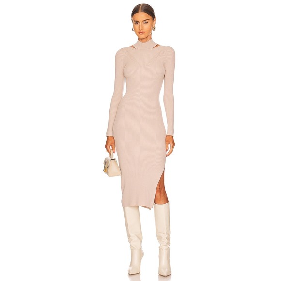 Heartloom Dresses & Skirts - Heartloom Ribbed Mock Neck Cutout Midi Dress Beige Size S